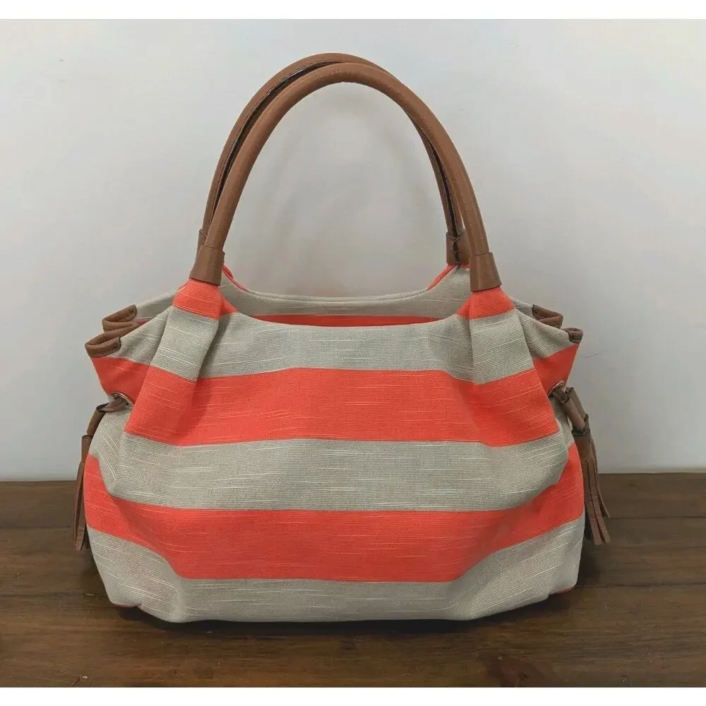 Kate Spade Jubilee Stripe Stevie Shoulder Bag Orange/Khaki Canvas EUC